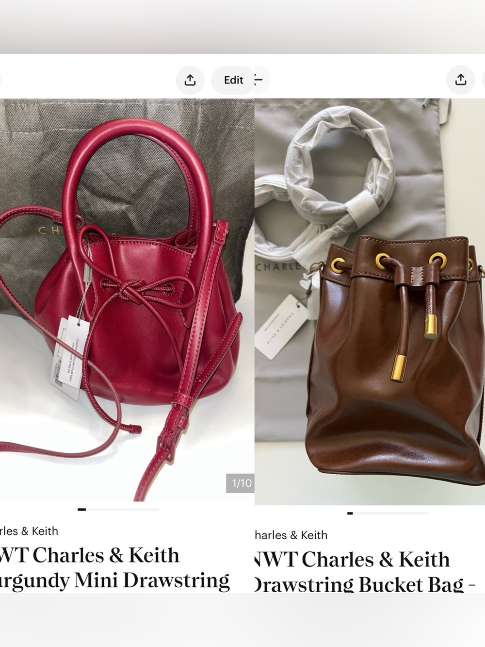 ✨ BUNDLE DEAL: 2xNWT Charles & Keith Leather Drawstring Bucket Style Bags♥️🍷🤎💼